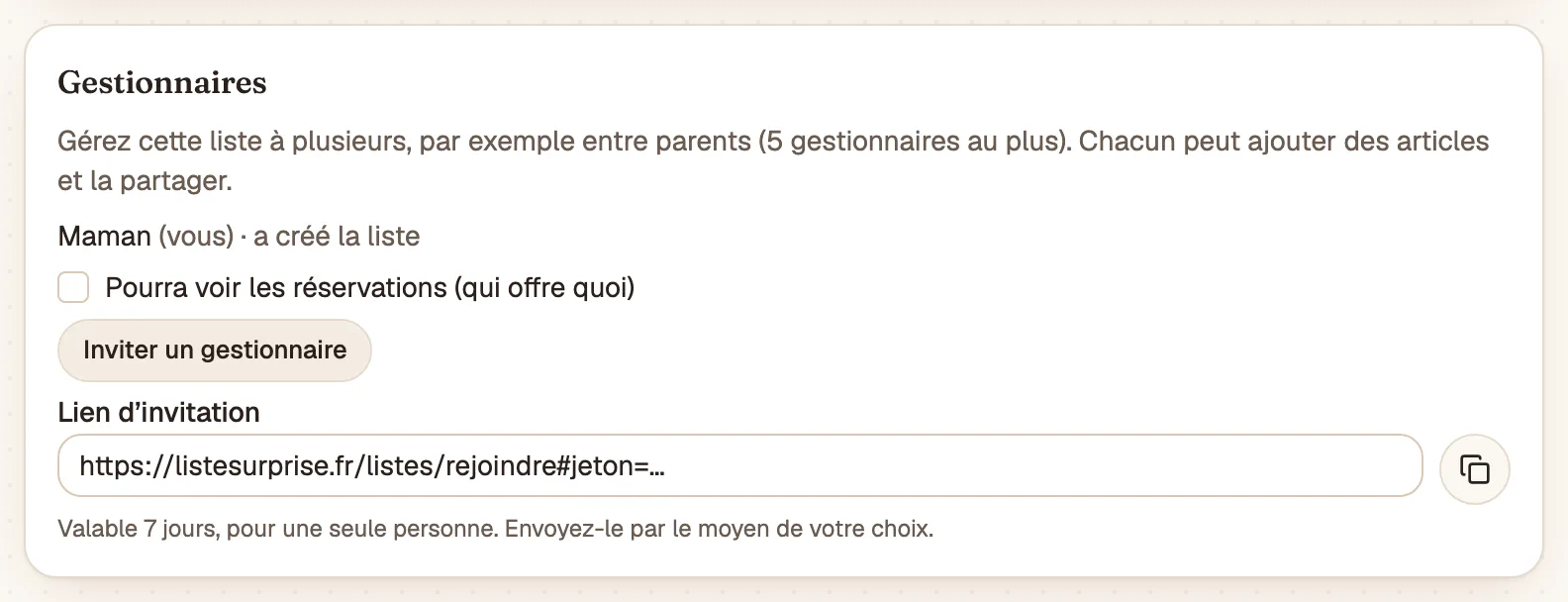 La section Gestionnaires avec son lien d’invitation