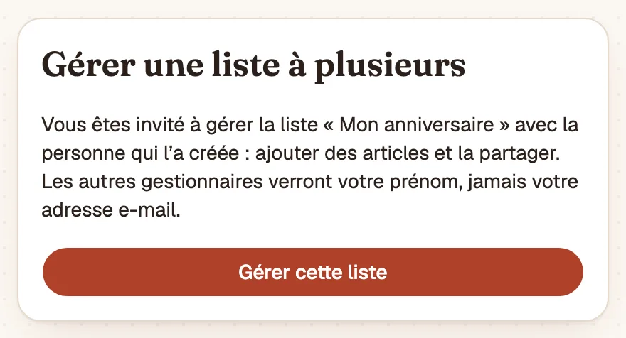 La page d’invitation à gérer la liste « Mon anniversaire »