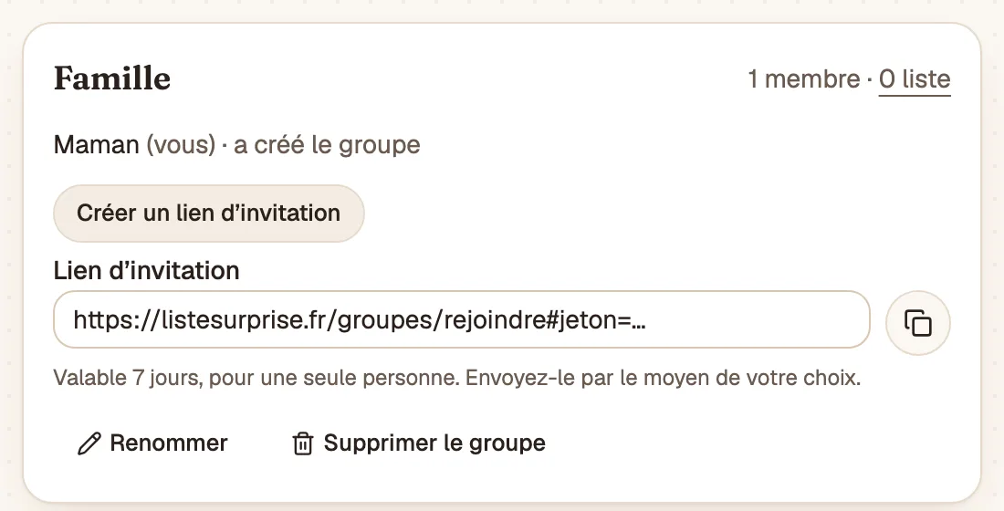 La carte du groupe « Famille » avec son lien d’invitation
